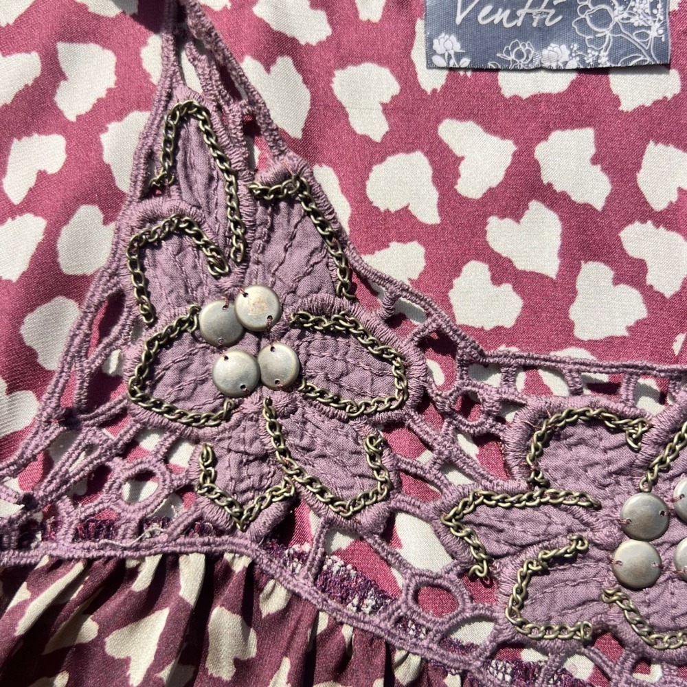 Ventti Heart Print Sleeveless Mini Dress Crochet Lace Studded Plum Purple Small - Picture 9 of 9